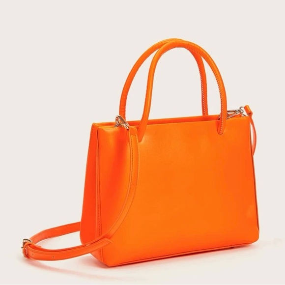 Double Handle Orange Handbag with Chain Strap - Picture 11 of 12